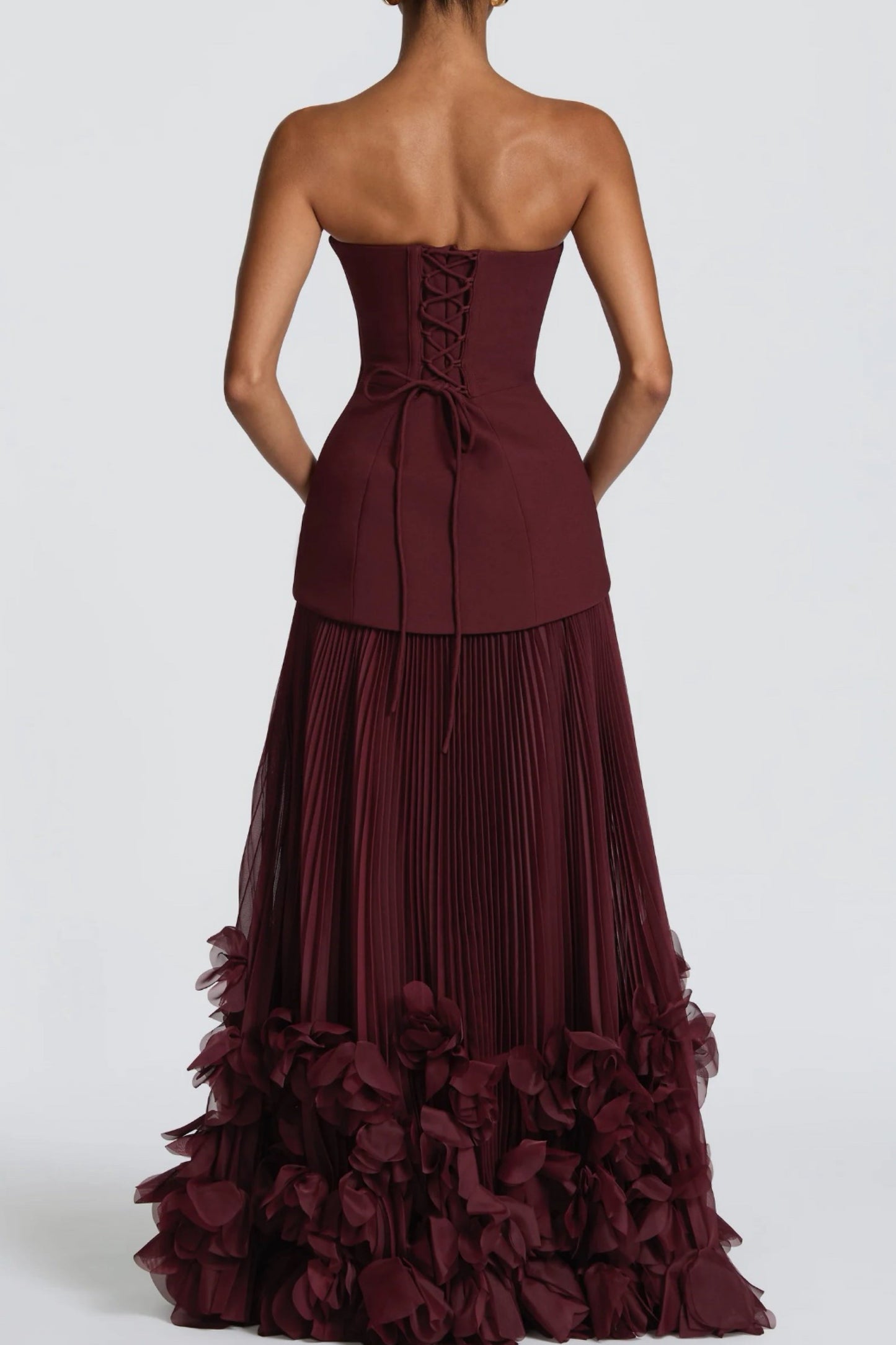 Strapless Pleated Gown with 3D Floral Hem & Scarf