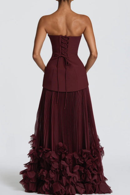 Strapless Pleated Gown with 3D Floral Hem & Scarf
