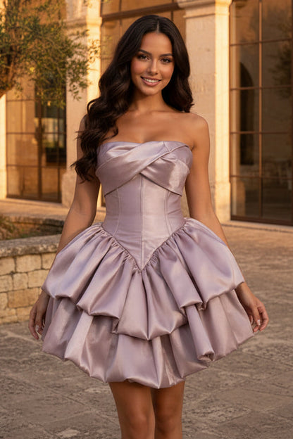 Strapless Tiered Ruffle Satin Mini Dress
