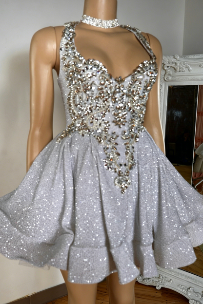 Glitter Halter Neck Beaded Homecoming Dress