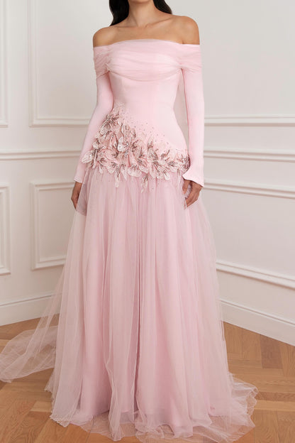 Off-the-Shoulder Tulle Gown with Floral Appliques