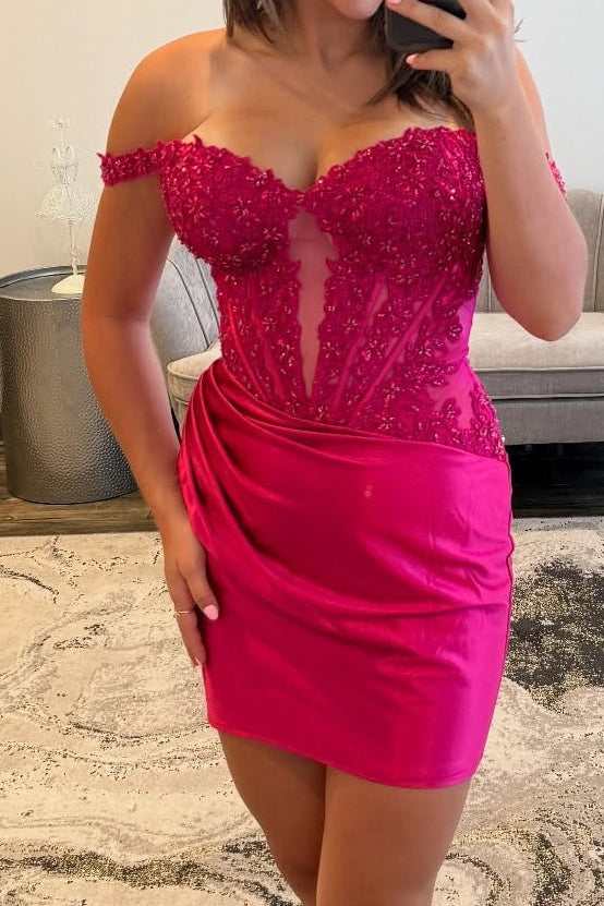 Off-the-Shoulder Beaded Corset Satin Mini Dress