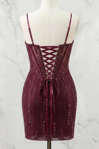 Beaded Corset Mini Dress with Lace-Up Back