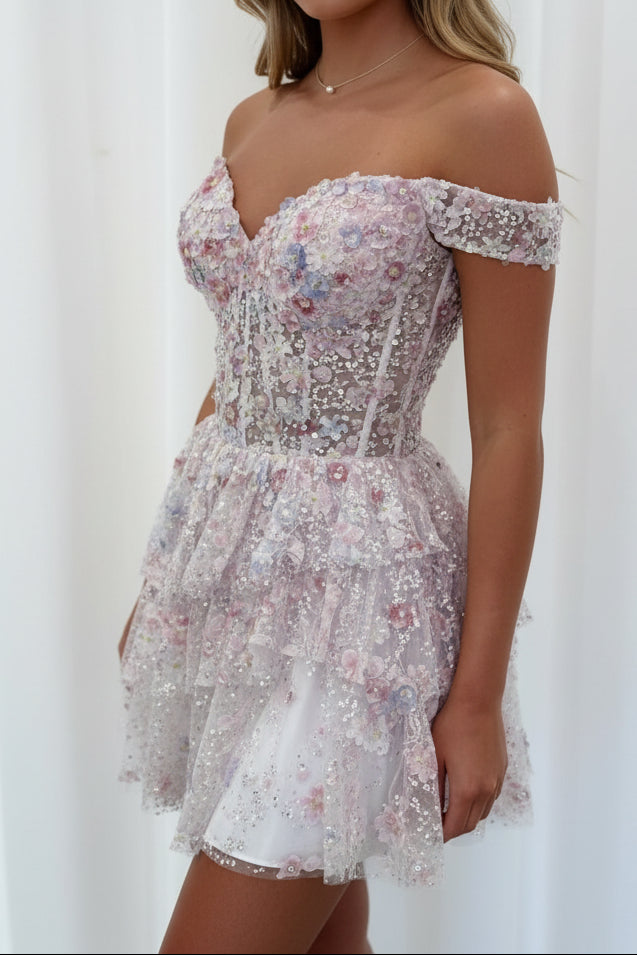Off-Shoulder 3D Floral Corset Homecoming Mini Dress