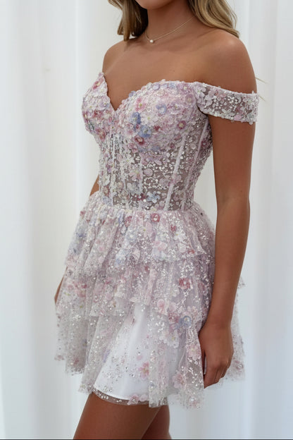 Off-Shoulder 3D Floral Corset Homecoming Mini Dress