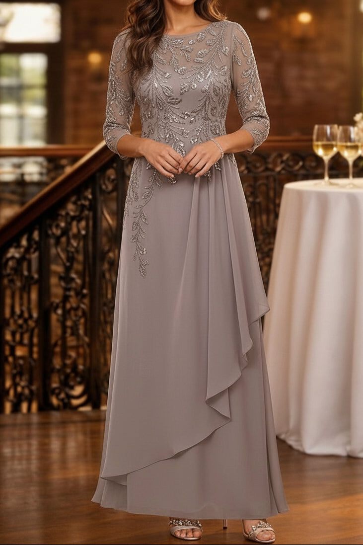 Sequined Leaf Bodice A-Line Gown with Cascading Ruffle