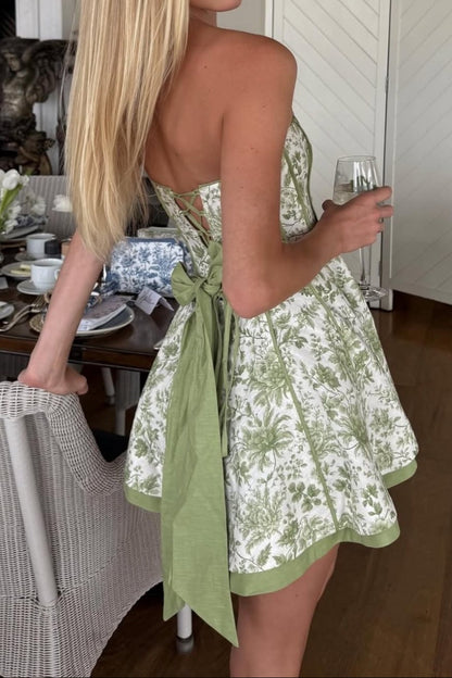 Strapless Floral Corset Mini Dress with Back Bow