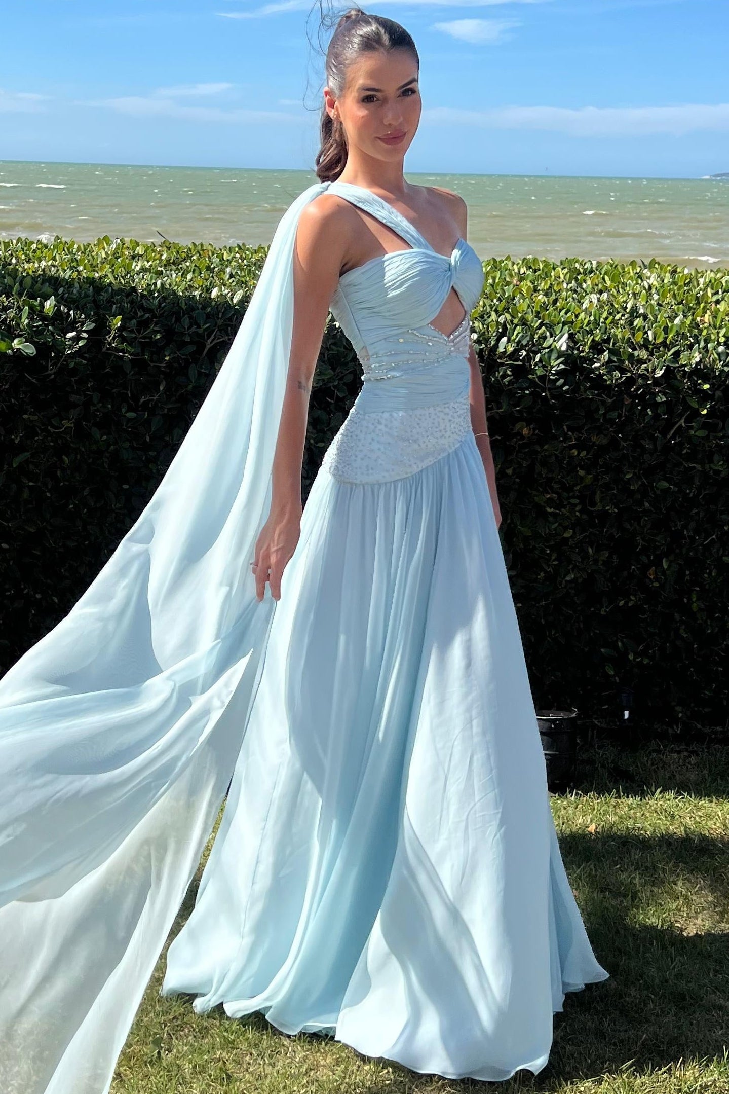 One-Shoulder Pleated Chiffon Gown with Cut-Outs