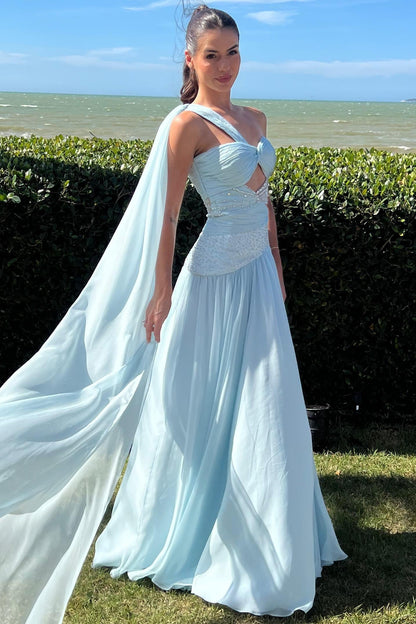 One-Shoulder Pleated Chiffon Gown with Cut-Outs