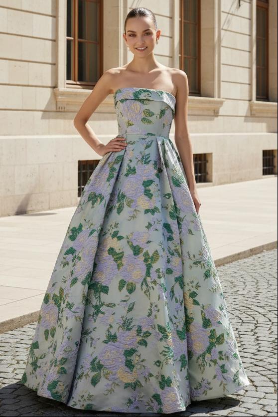 Strapless Floral Jacquard A-Line Ball Gown
