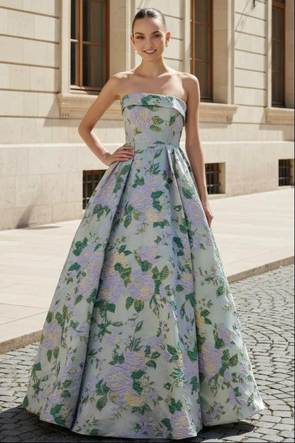 Strapless Floral Jacquard A-Line Ball Gown