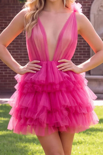 Plunging Tiered Tulle Ruffle Mini Dress