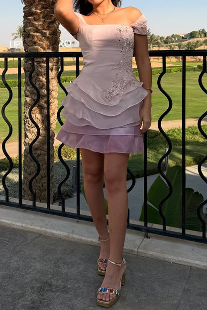 Asymmetrical Off-Shoulder Tiered Organza Mini Dress