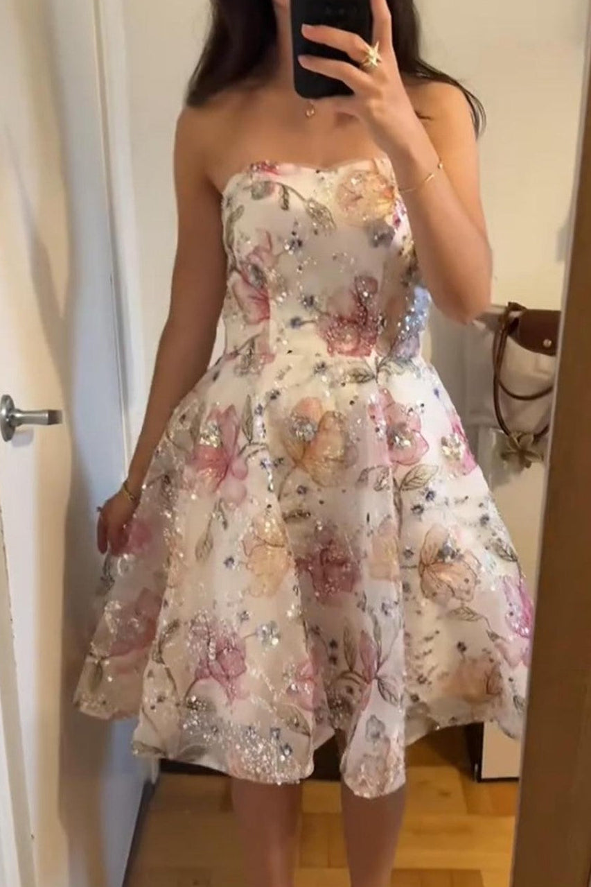 Strapless Floral Sequin A-Line Homecoming Dress