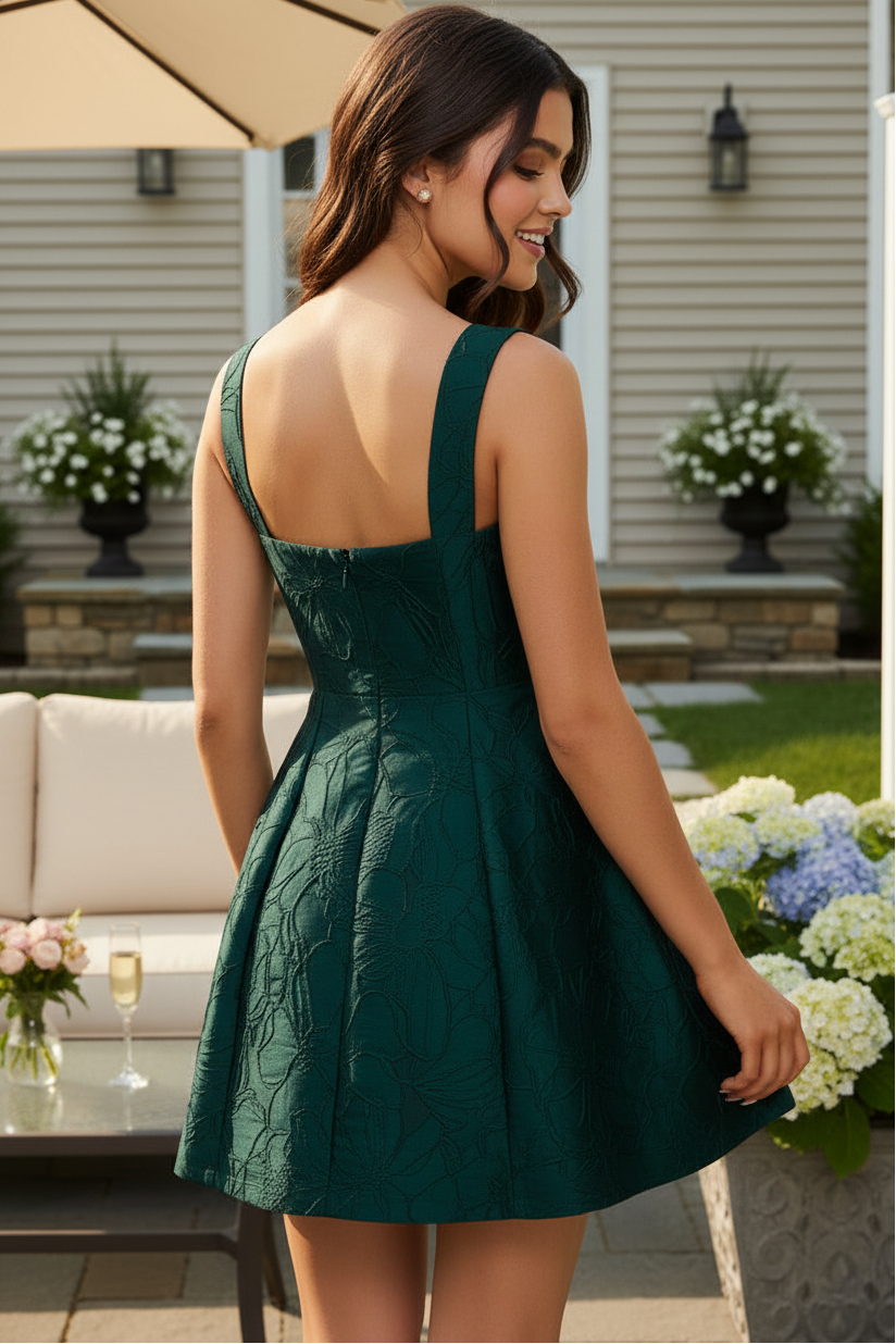 Floral Jacquard Square Neck Mini Dress