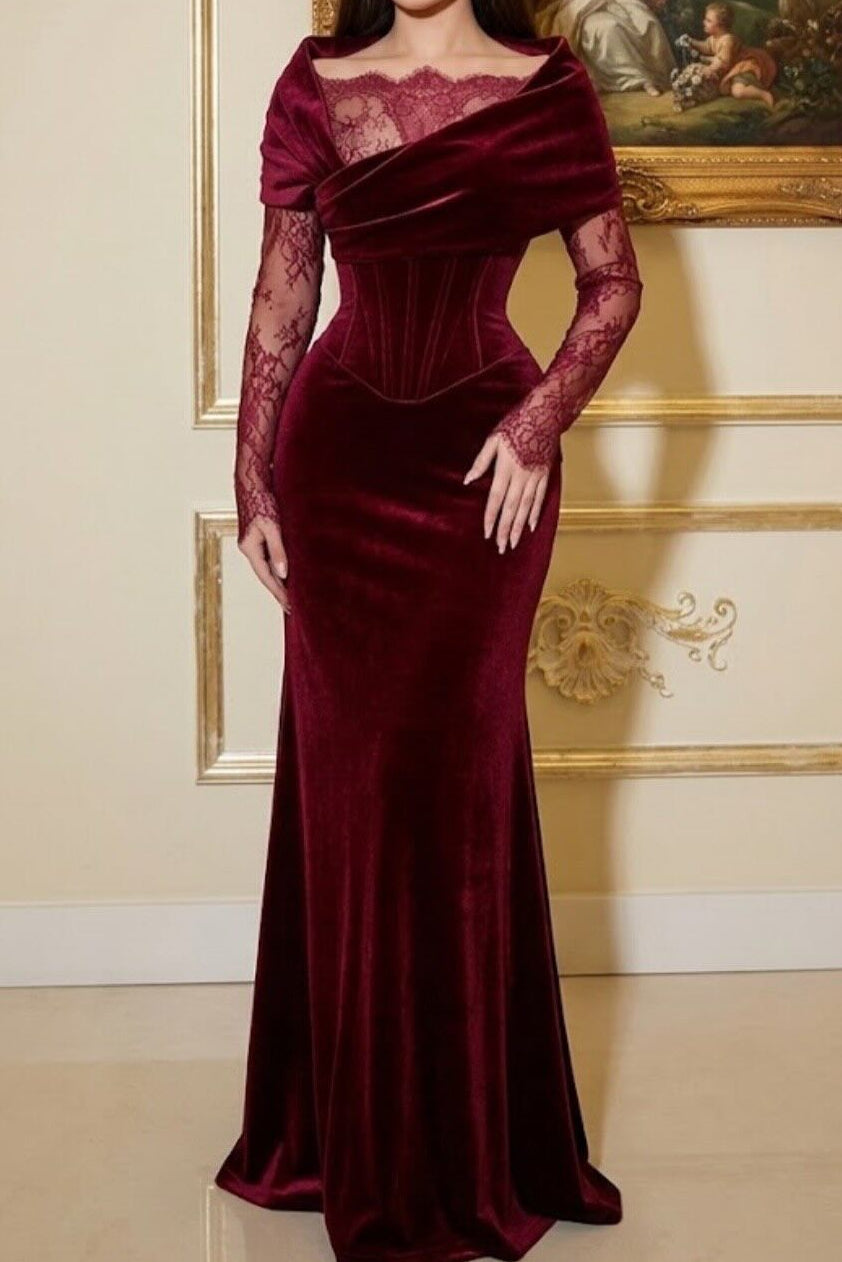 Velvet Corset Evening Gown with Scalloped Lace Inset