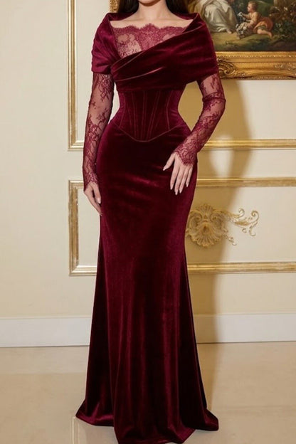 Velvet Corset Evening Gown with Scalloped Lace Inset