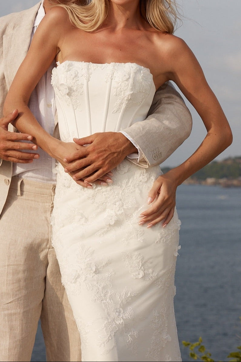 Strapless Corset Fit and Flare Lace Wedding Dress