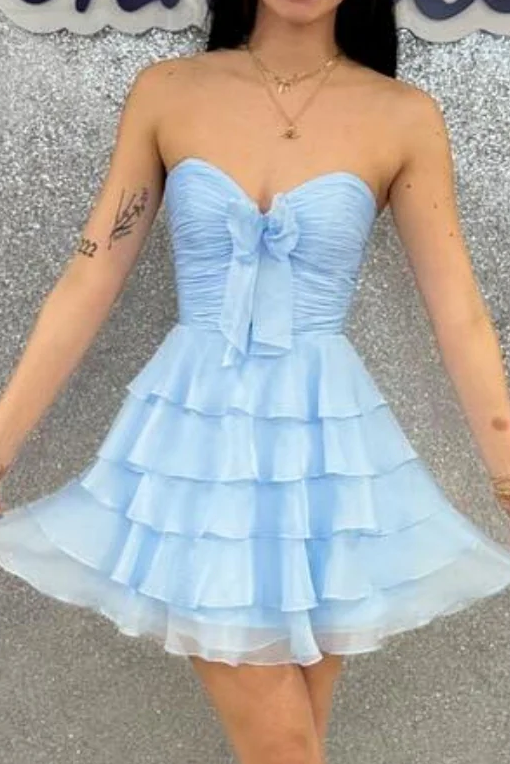 Strapless Tiered Ruffle Mini Dress with Bow