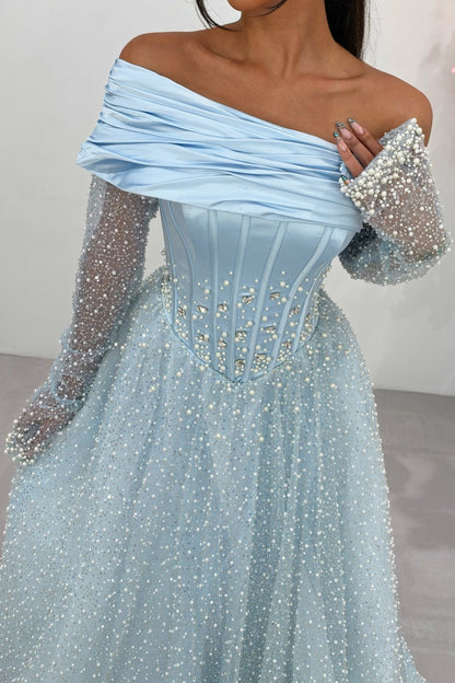 Corset Evening Gown with Beaded Sleeves