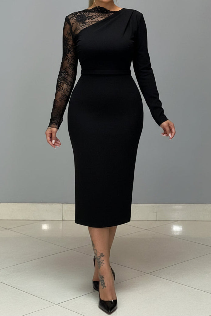 Asymmetrical Lace-Sleeve Bodycon Midi Dress