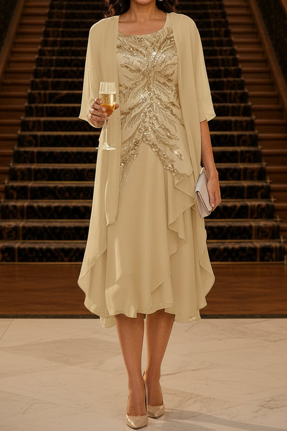 Sequin Embroidered Midi Dress with Sheer Jacket