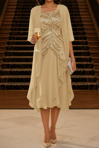 Sequin Embroidered Midi Dress with Sheer Jacket