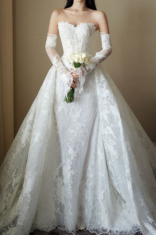 Lace Strapless Wedding Dress with Overskirt
