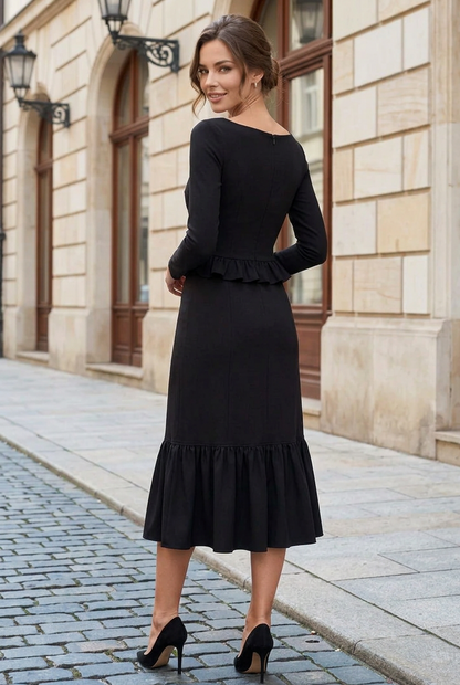 Bateau Long Sleeve Ruffle Midi Dress