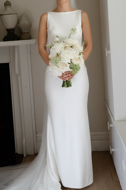 Minimalist Bateau Neck Fit and Flare Wedding Dress