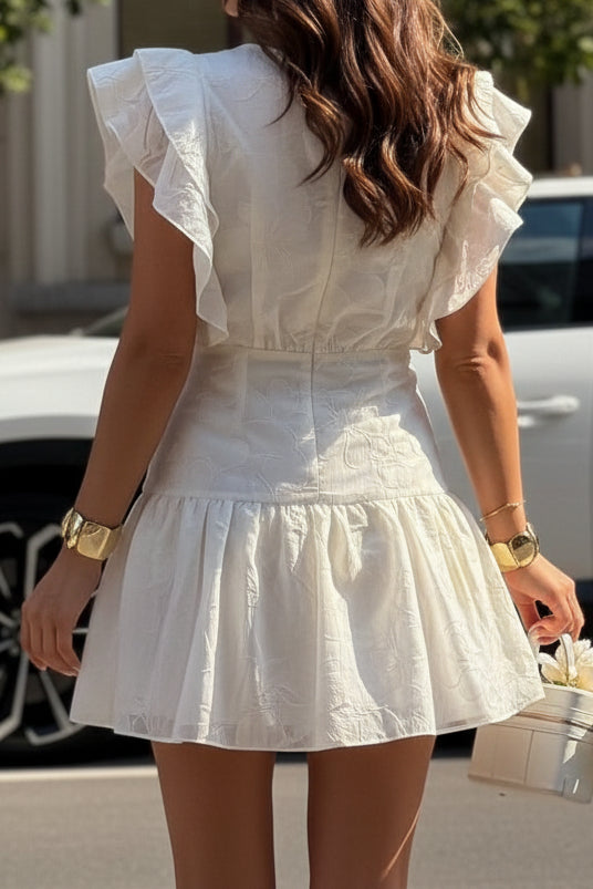 Ruffle Sleeve Tiered Mini Dress with Round Neckline