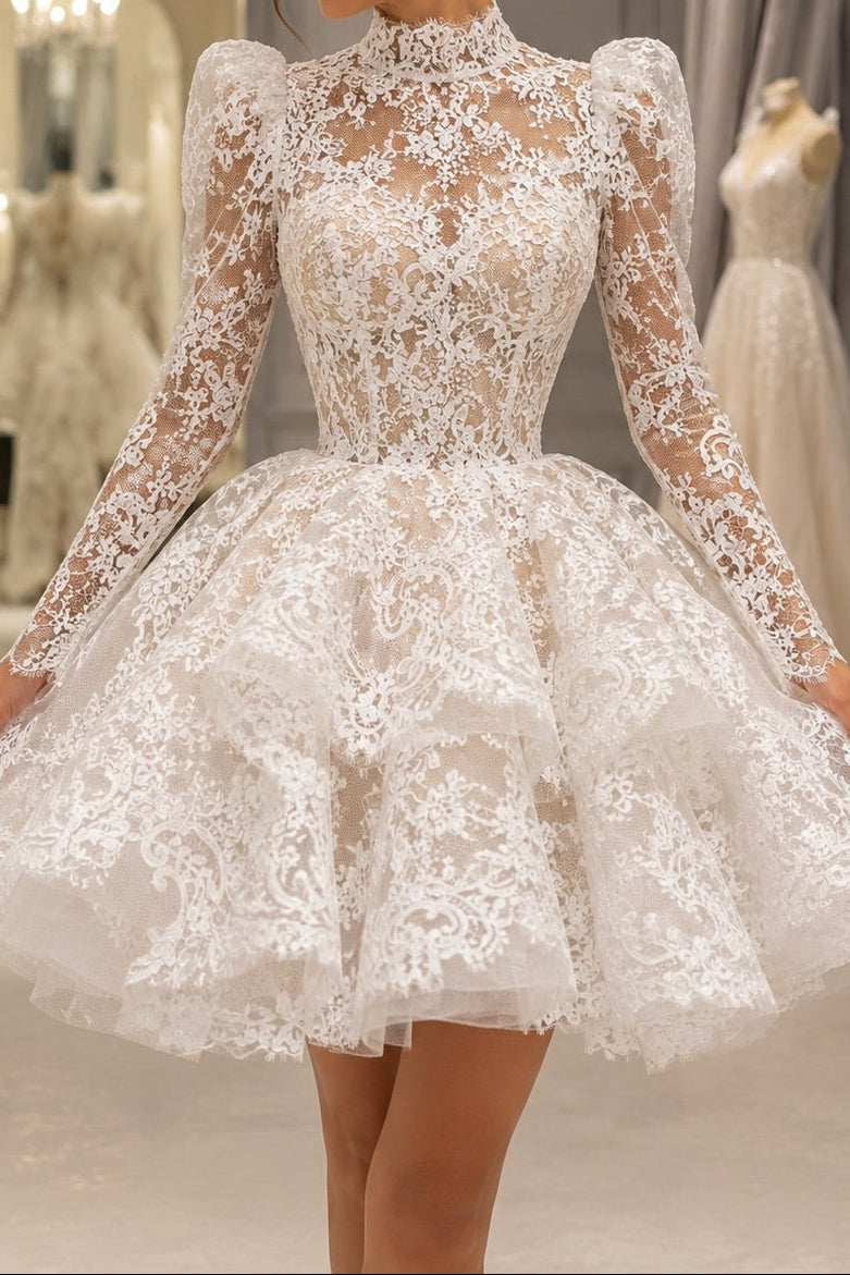 High-Neck Lace Mini Wedding Dress with Puff Sleeves