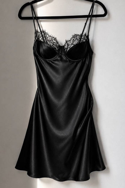 Lace Trim Satin Slip Mini Dress