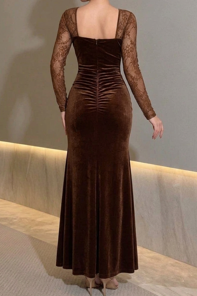 Ruched Velvet Evening Gown with Sheer Floral Lace Sleeves