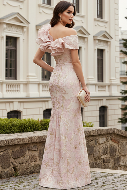 Asymmetrical Floral Jacquard One-Shoulder Evening Gown