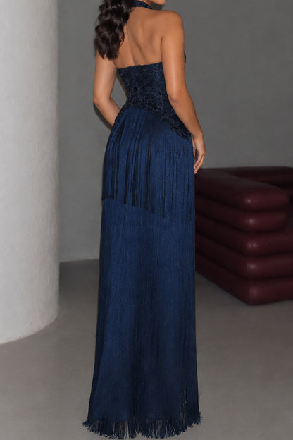 Halter Sequin Fringe Maxi Dress