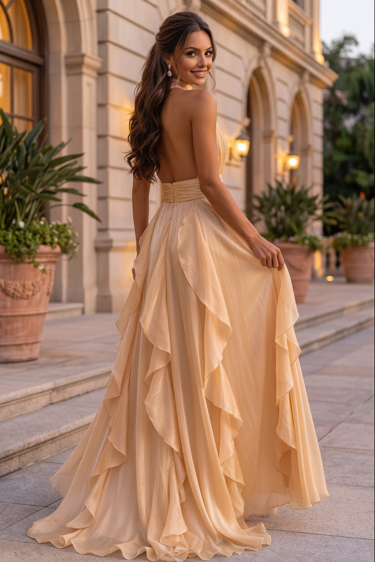 Pleated High-Neck Halter Gown with Cascading Ruffles
