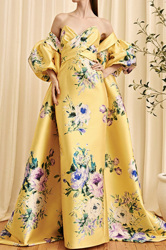 Strapless Floral Evening Gown with Dramatic Cape