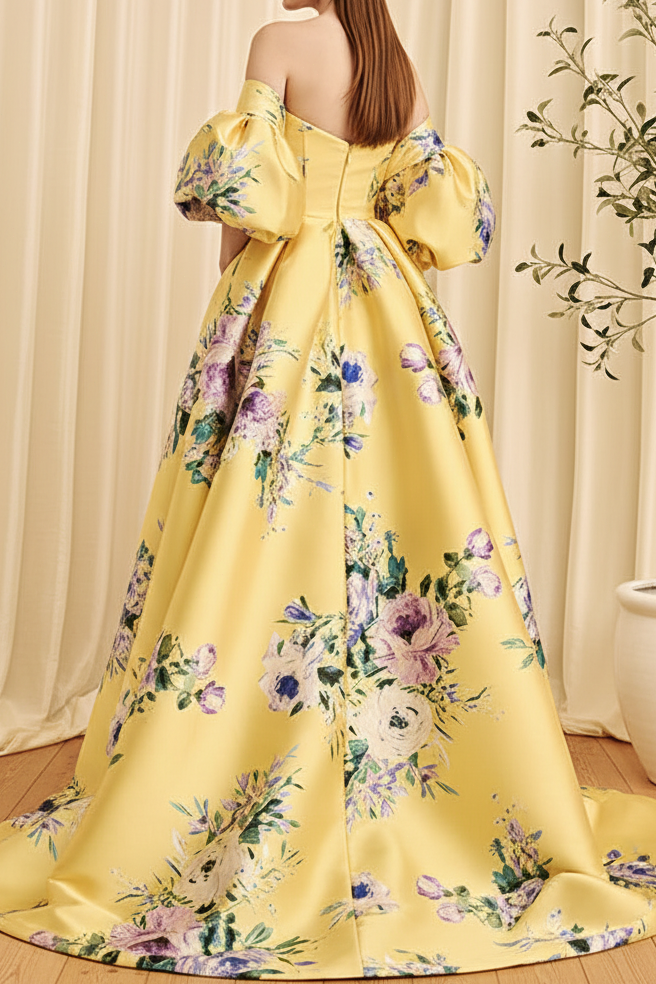 Strapless Floral Evening Gown with Dramatic Cape