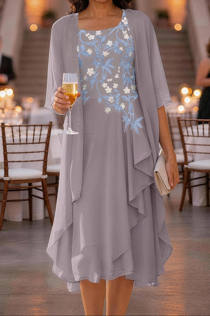 Embroidered Midi Dress with Sheer Jacket