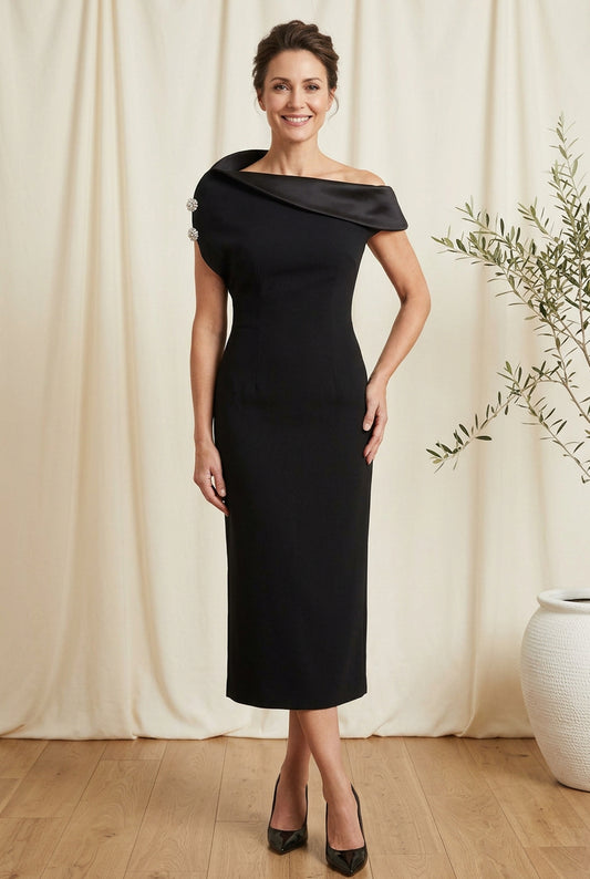 Asymmetric Neck Midi Dress with Crystal Detail