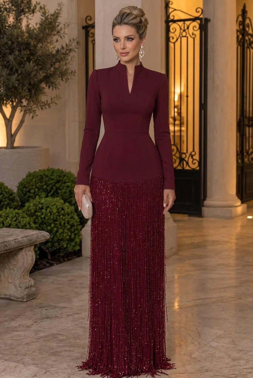 Long Sleeve Slit Neck Gown with Beaded Fringe Skirt