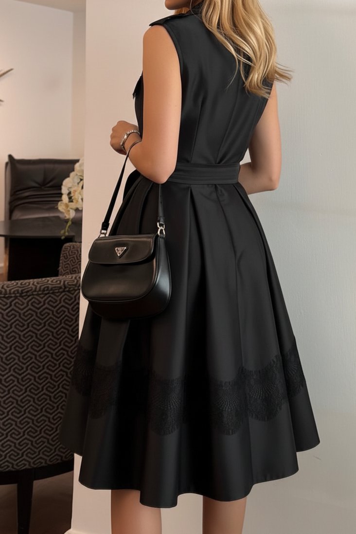 Sleeveless Collared Midi Shirt Dress with Lace Trim
