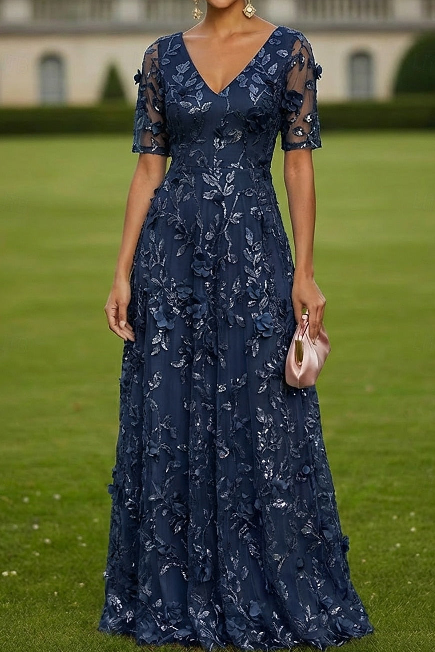 A-Line V-Neck Short Sleeve Floral Evening Dress