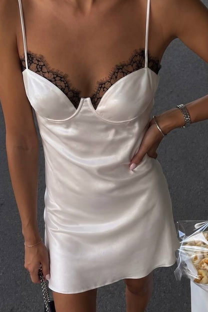 Lace Trim Satin Slip Mini Dress