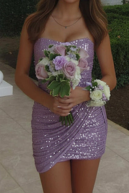 Strapless Ruched Sequin Mini Dress with Side Drape