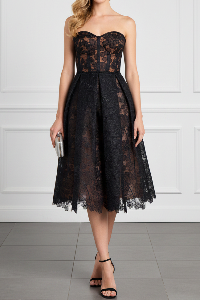 Strapless Sweetheart Lace Corset Midi Dress