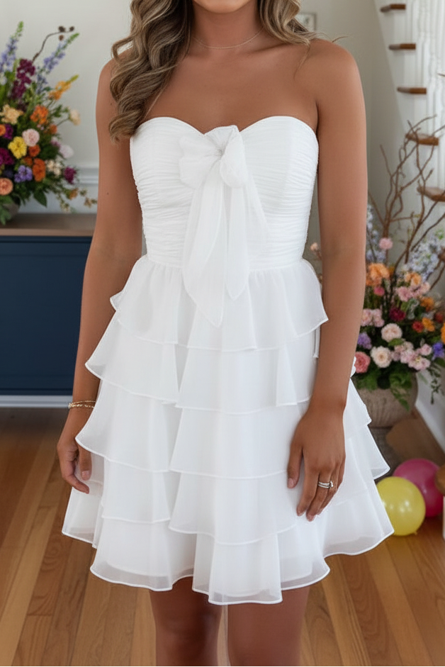 Strapless Tiered Ruffle Mini Dress with Bow