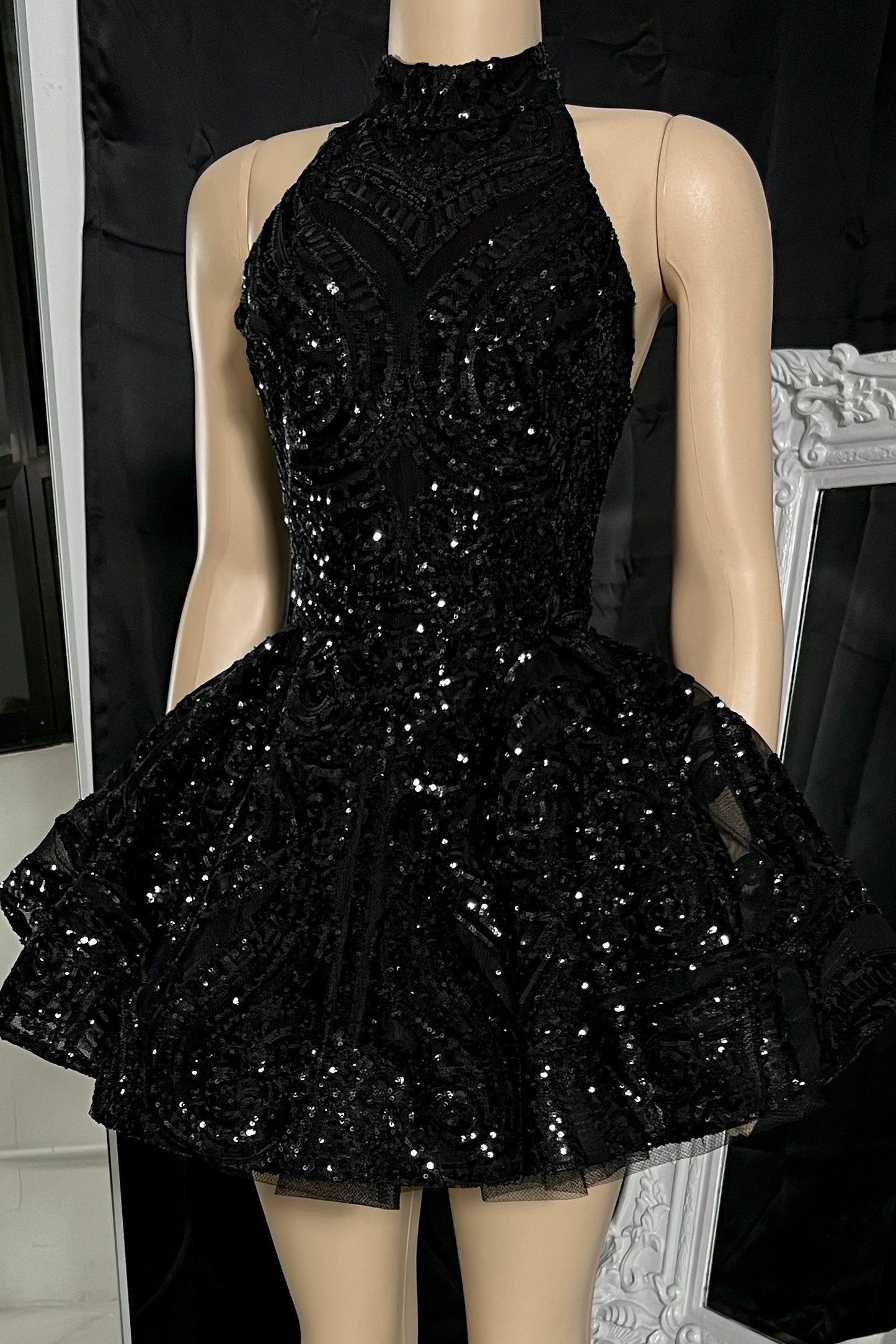 High-Neck Sequined Tiered A-Line Mini Dress