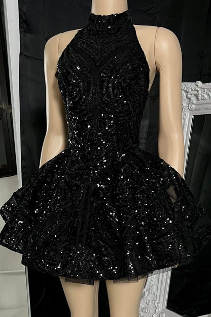 High-Neck Sequined Tiered A-Line Mini Dress